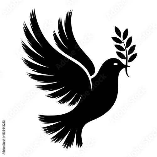 Dove silhouette holding olive branch symbolizes hope and peace, presenting grace and serenity. Dove silhouette with olive branch can represent a message of concord, embodying tranquility and optimism.