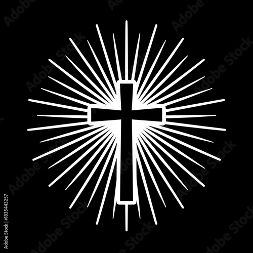 Stylized cross with radiating light beams against dark background symbolizes faith and hope. Silhouette of a cross shines brightly, offering solace and reflection.