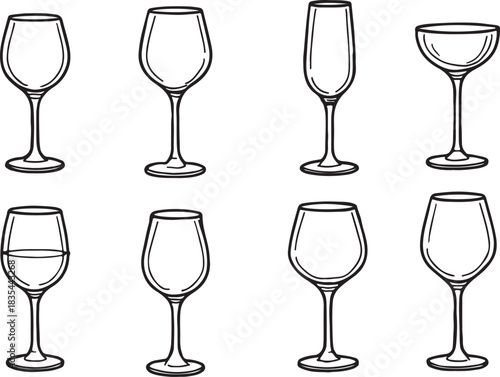 Various glasses for wine. Collection of outline vector illustrations