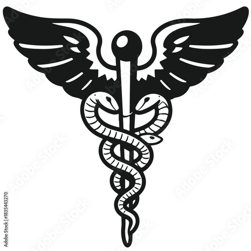 A black and white caduceus symbol with wings and snakes wrapped around a staff on a white background