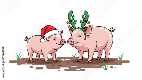 Adorable cartoon pigs celebrating the holidays one wearing a Santa hat and the other reindeer antlers