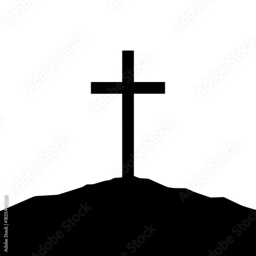 Wooden cross on hill stands as symbol of faith and hope, displayed with minimalist design. Simple wooden cross silhouette provides a stark and powerful visual, rooted firmly on hilltop.