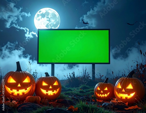 Eerie Halloween night scene with glowing jack-o-lanterns and a large green screen billboard under a dramatic full moon