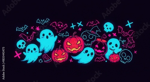 Whimsical Halloween Ghosts, Pumpkins, and Spooky Fun Illustration