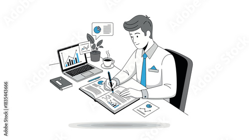 Man meticulously analyzing data and taking notes at his desk.