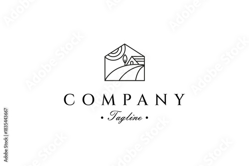 farmhouse logo of a farm in a field with a combination of house building shapes in a line art design style