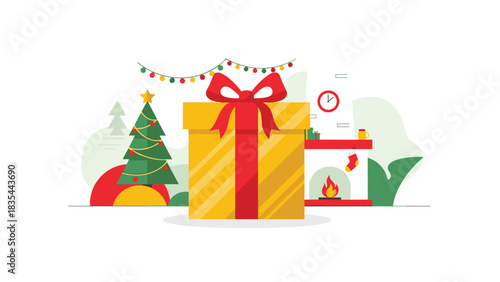 Vibrant holiday celebration scene featuring a huge gift box by a decorated Christmas tree and cozy fireplace