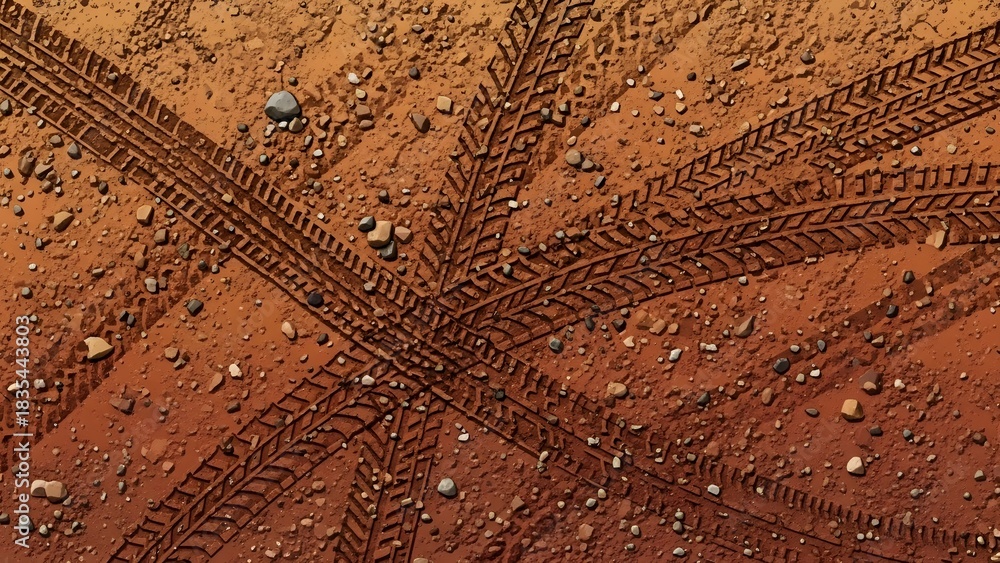 Fototapeta premium Off-Road Tire Tracks on Red Dirt Ground Texture perfect for website background, adventure travel blog, off-road vehicle advertising, textured overlay, social