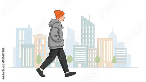 Young person in orange beanie walks confidently through a pastel-colored modern cityscape background