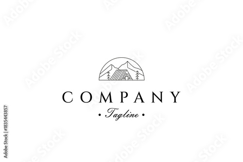 Wooden house logo with mountain background in line art design style
