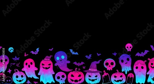 Halloween Night Ghosts, Pumpkins, and Skulls in Vibrant Neon