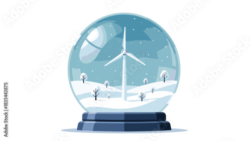 Stunning winter snow globe captures clean energy future with wind turbine and snowy landscape