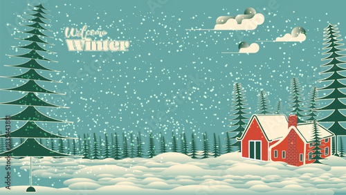 Cozy winter cabin amid tall pines under falling snow, illustrated in a retro style with soft colors, ideal as a seasonal background for holiday cards or festive designs.