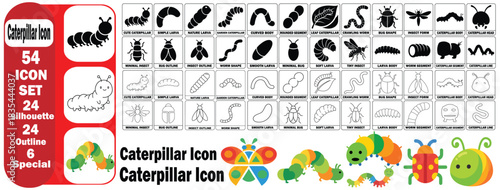 Caterpillar Insect Vector Icon Set, Pack 54 cute larva symbols including silhouette outline and special styles on white background for children education nature gardening app logo design