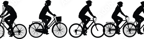 Cyclists riding different bicycles in silhouette style, helmet safety, transportation diversity, outdoor activity concept, side profile illustration, flat vector