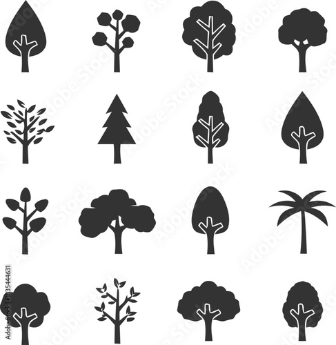 various, black, featuring, white, seasons, description:, design, silhouette, style, simple, against, deciduous, styles., nature, landscape, sixteen, graphic, [converted], element, tree, grid, category