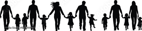 Family silhouettes walking together, holding hands, community unity, parent child bond, relationship support, togetherness illustration, social connection concept, flat vector
