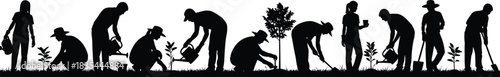 Gardening activity silhouettes showing planting, watering, digging, nurturing plants and trees, environmental care, teamwork concept illustration, nature cultivation, flat vector