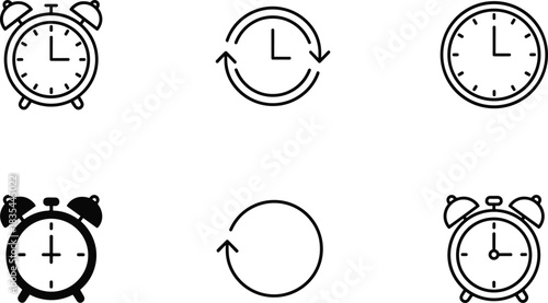 Vector icon set featuring various alarm clocks and circular arrows symbolizing refresh, repeat, or time cycle actions in both outline and solid black fill styles for applications.