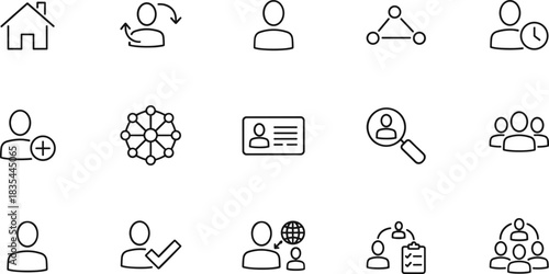 Vector outline icon set for user interface design featuring home button, profile management, adding users, global networking, search function, and organizational structure symbols.