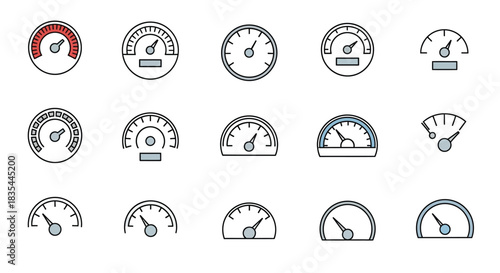 Collection of various circular gauge icons representing measurements and indicators