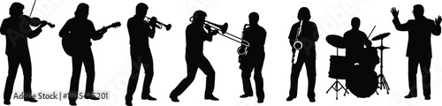 Musical ensemble silhouettes, diverse instruments, violin, guitar, trumpet, saxophone, conductor, performance art, live music, stage energy, flat vector