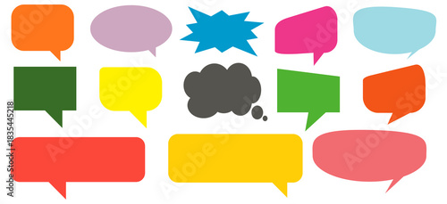 A simple design set of colorful message comment chat boxes. A collection of comic and social media speech bubbles, text boxes, and chat boxes. A vector set of comic and social media speech bubbles.