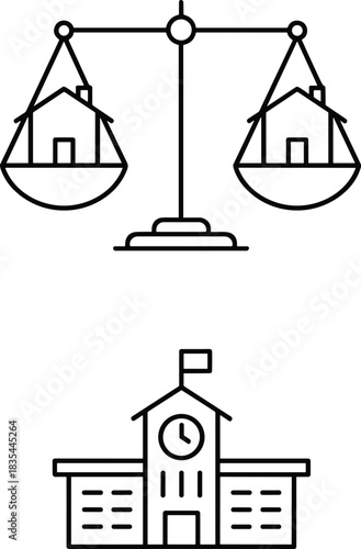 Vector outline illustration featuring the scales of justice balancing small houses, symbolizing real estate law and property value, alongside a public school or city hall building.