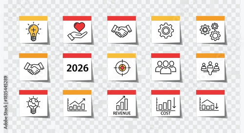 Collection of business icons displayed on sticky notes representing various concepts