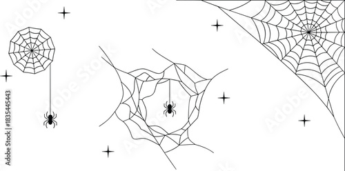 Vector illustration featuring various stylized spider webs and black spiders hanging by silk threads,