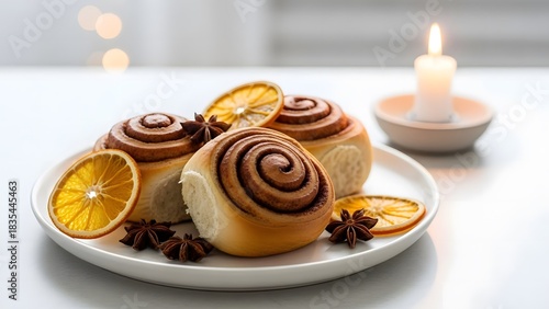 Delicious cinnamon rolls garnished with dried orange and star anise on a white plate, ambient candlelight for festive holiday baking concept and cozy winter comfort