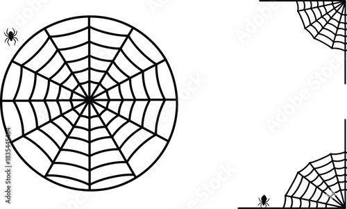 Vector illustration featuring a large central circular spider web and two corner webs with small black spiders, suitable for creating spooky backgrounds