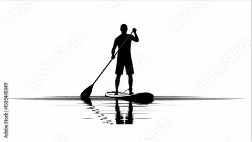 Black silhouette line art of a person paddleboarding on calm summer water, balancing with long paddle illustration