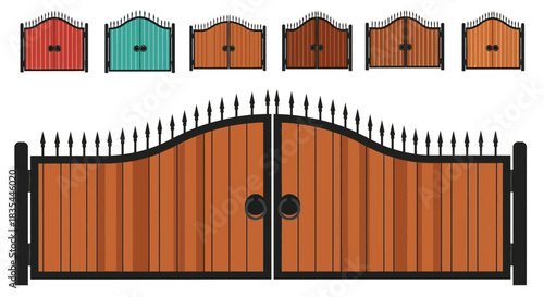 Illustration of ornate wooden gates and decorative metal fence elements
