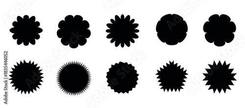 Collection of black starburst and circular shapes on white background