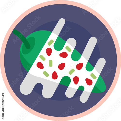 Poblano peppers stuffed with meat and fruit, topped with creamy walnut sauce and pomegranate seeds.