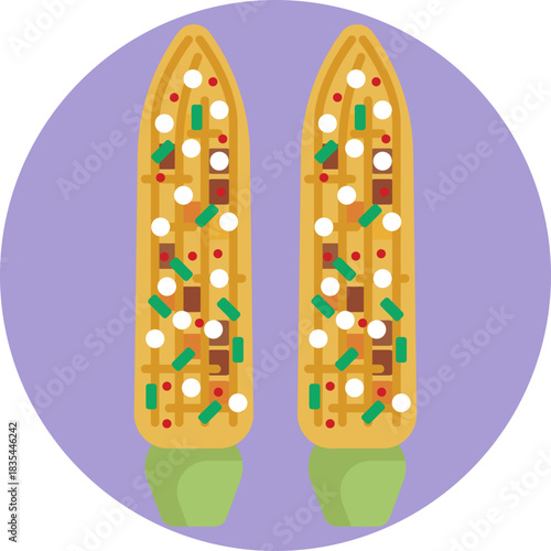 Grilled corn on the cob coated with creamy sauce, chili powder, and cheese.