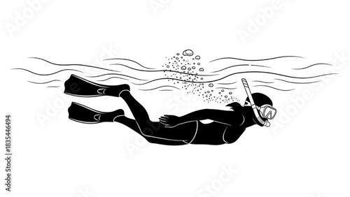 Black silhouette line art of a person snorkeling underwater with fins and mask, gentle flowing summer motion illustration