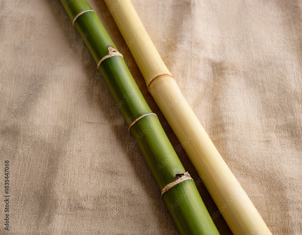 Fototapeta premium two bamboo sticks one bright green the other light brown lie on a light beige linen cloth the green stick is longer and has a pale yellow cream colored base the joints of the bamboo are visible