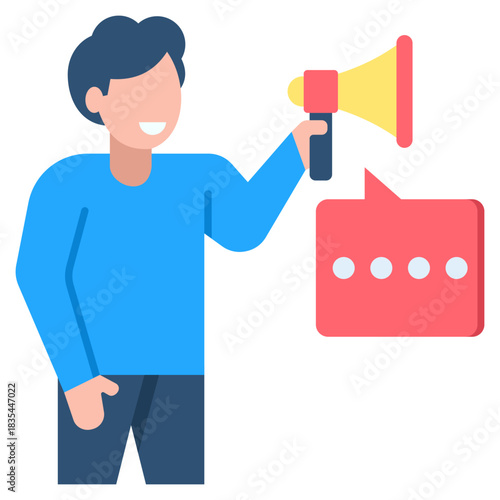 Smiling man with megaphone announces important message using vibrant communication symbol