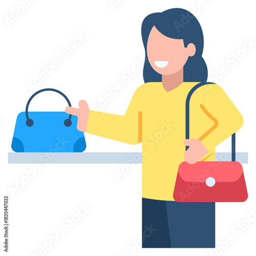 Happy woman shopping for stylish handbags in modern boutique store setting