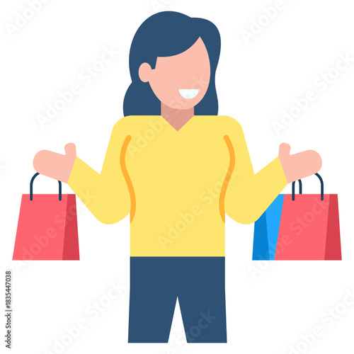 Happy woman shopper holding colorful retail bags after successful purchasing spree