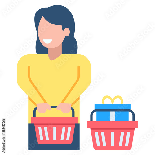 Happy woman shopper holding basket full of gifts and purchases ready for checkout