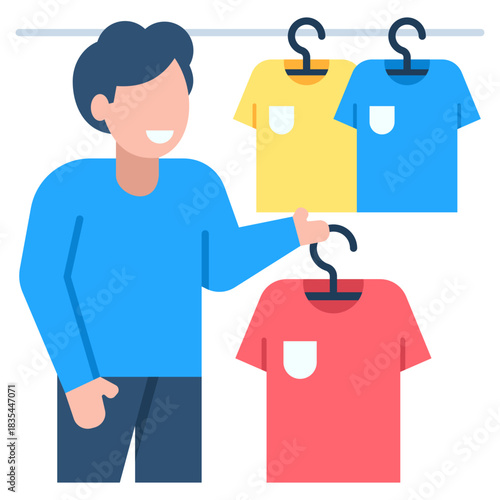 Happy customer easily selecting vibrant t-shirts from a clean retail clothing rack
