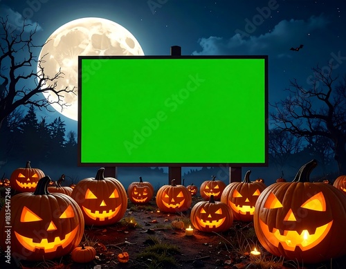 A spooky Halloween night with a field of glowing jack-o'-lanterns in a dark forest under a full moon, featuring a large green screen billboard for ad copy space