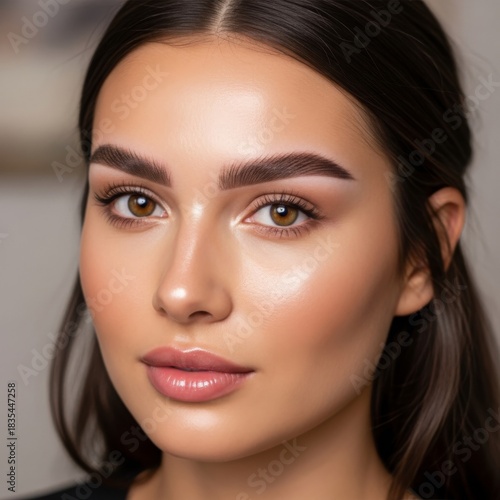 High-end beauty portrait of a model with flawless nano brows and glowing, dewy skin.
