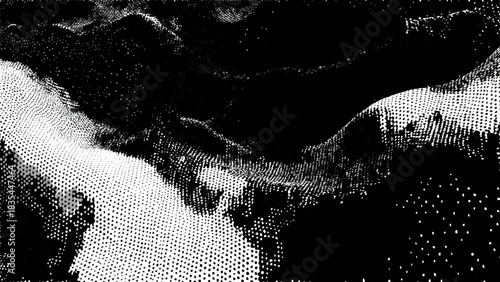 Abstract grayscale landscape with halftone dots pattern creating terrain Vector, illustration