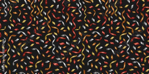 Luxurious vector seamless pattern featuring glossy metallic confetti and long, swirling ribbons (streamers). Festive color palette of gold, silver, red, and bronze on a black background. 