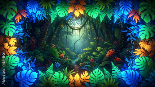 Tropical leaves frame in vibrant jungle