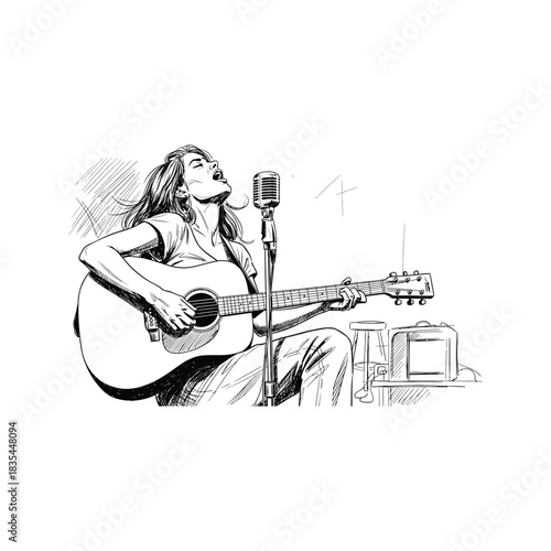 Passionate female singer playing acoustic guitar and singing into vintage microphone on stage with amplifier
